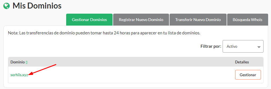 Haz clic en el dominio que quieras actualizar.