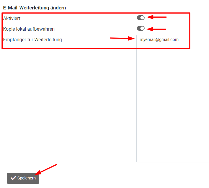 Gebe die E-Mail-Adresse ein, an die die E-Mails weitergeleitet werden sollen. Du kannst auch mehrere E-Mail-Adressen angeben.