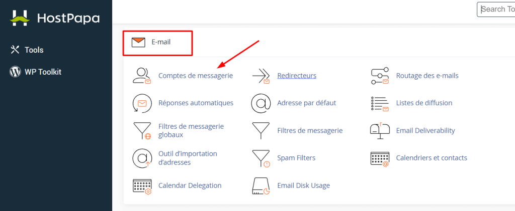 Dans la section E-mail, cliquez sur Comptes de messagerie.