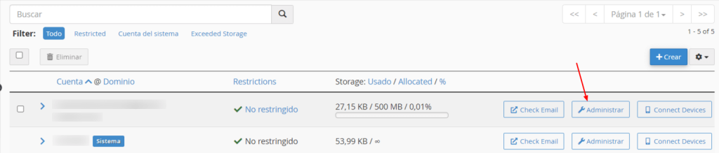 Localiza la dirección de email que deseas eliminar y haz clic en Administrar.