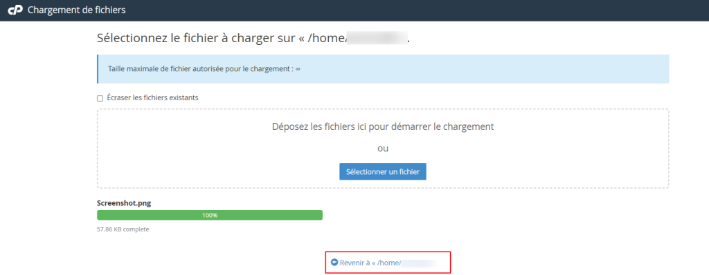 téléchargé sur cPanel et peut être visualisé dans le Gestionnaire de fichiers en cliquant sur Revenir à.
