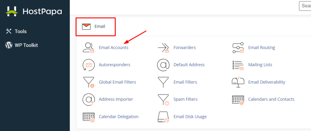 From the Email section, click on Email Accounts.