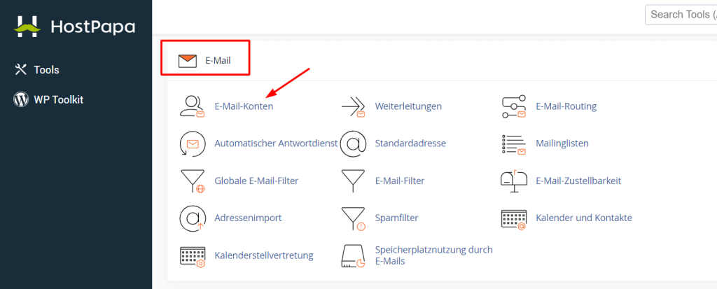 Im Abschnitt E-Mail klickst Du auf E-Mail-Konten.