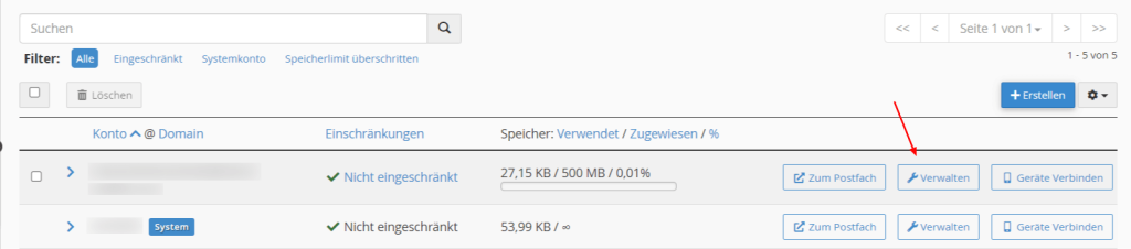 Finde die E-Mail-Adresse, die Du löschen möchtest, dann klicke auf Verwalten.