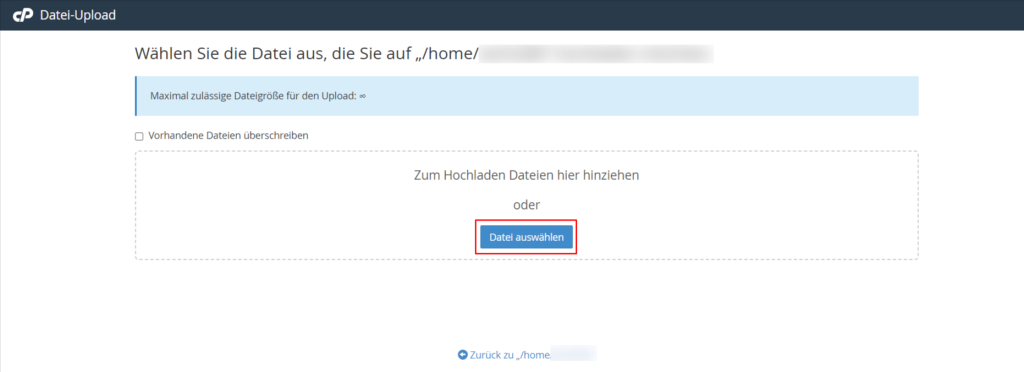 Klicke auf Datei auswählen und wähle die Dateien/Ordner, die Du hochladen möchtest. Du kannst die Dateien auch einfach in den entsprechenden Bereich ziehen.