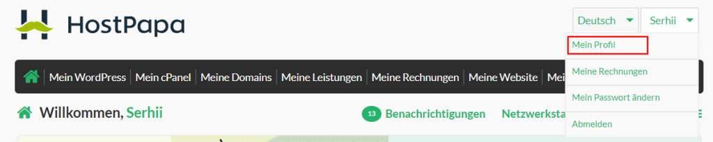 Klicke auf Deinen Namen oben rechts auf der Seite, dann wählst Du Mein Profil im Dropdown-Menü aus.