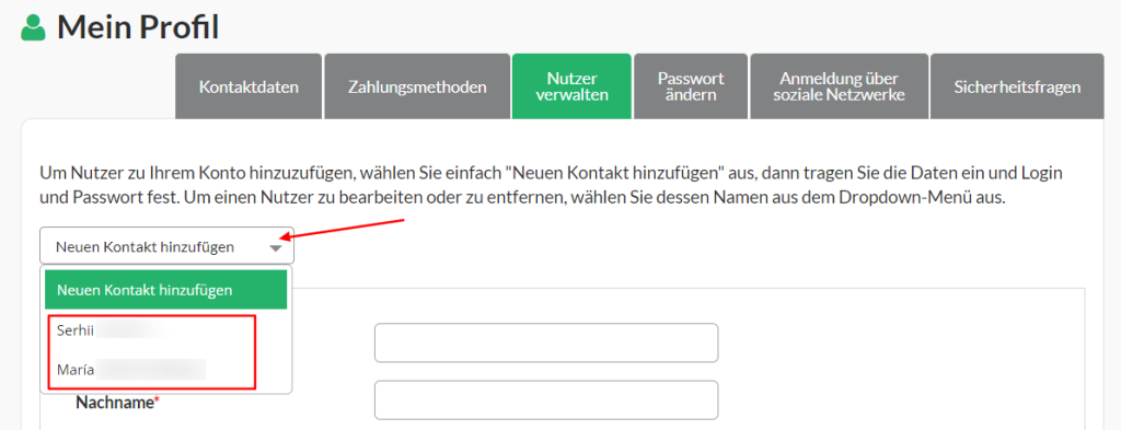 Im Tab Nutzer verwalten klickst Du auf Neuen Kontakt hinzufügen, um das Dropdown-Menü zu öffnen.