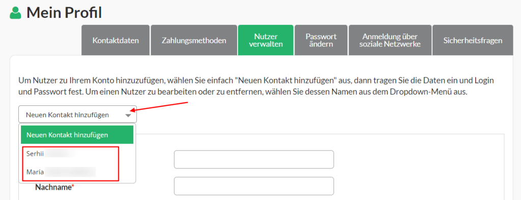 Im Tab Nutzer verwalten klickst Du auf Neuen Kontakt hinzufügen, um das Dropdown-Menü zu öffnen. 