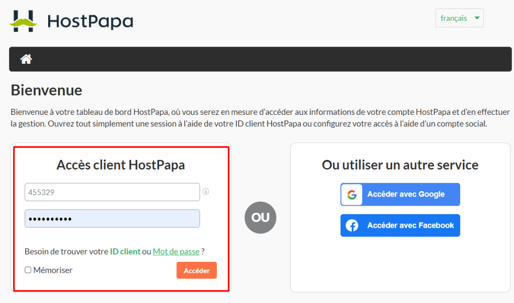 Entrez votre identifiant HostPapa et votre mot de passe et cliquez sur Accéder. 