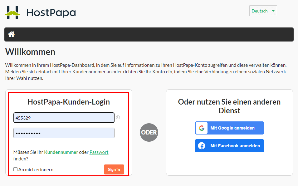 Gib Deine HostPapa-ID und Dein Passwort ein und klicke auf Sign in. 
