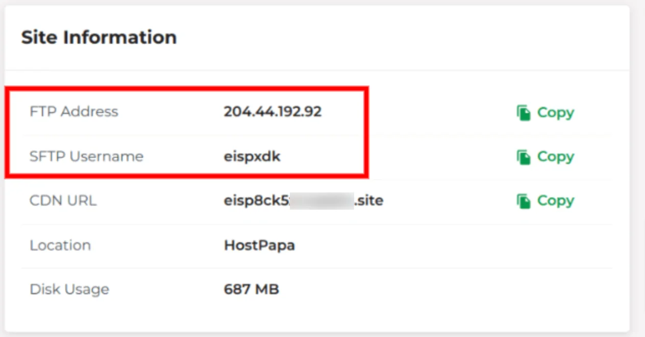 Site information section of your Managed WordPress account.