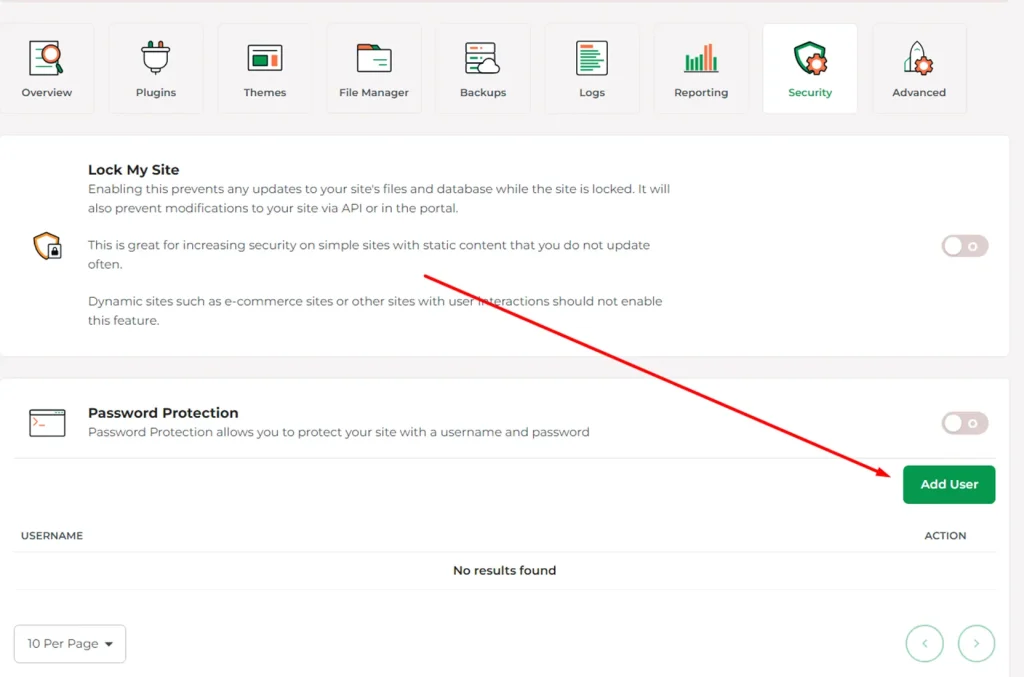 Scroll down to password protection and click Add User.