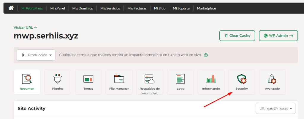 Tu escritorio de WordPress Gestionado se abrirá. Haz clic en la pestaña Security.