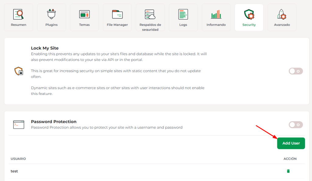 Desplázate hacia abajo a Password Protection y haz clic en Add User.