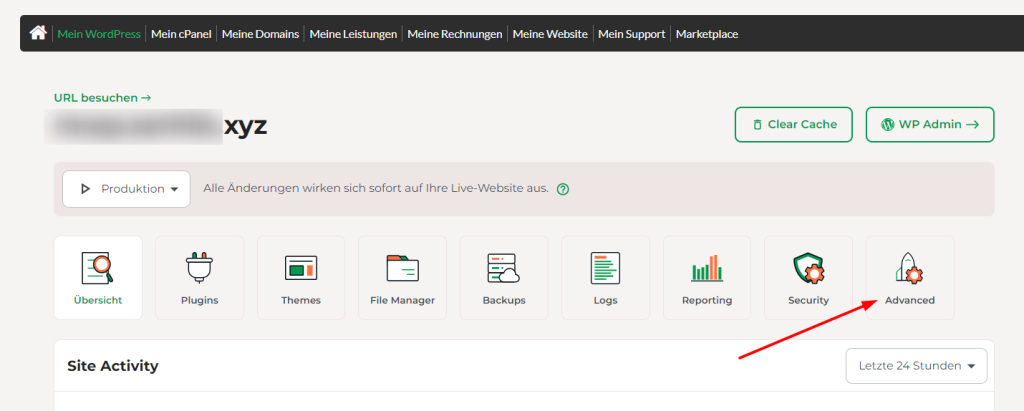 Dein Managed WordPress-Dashboard wird geöffnet. Klicke auf den Tab Advanced.