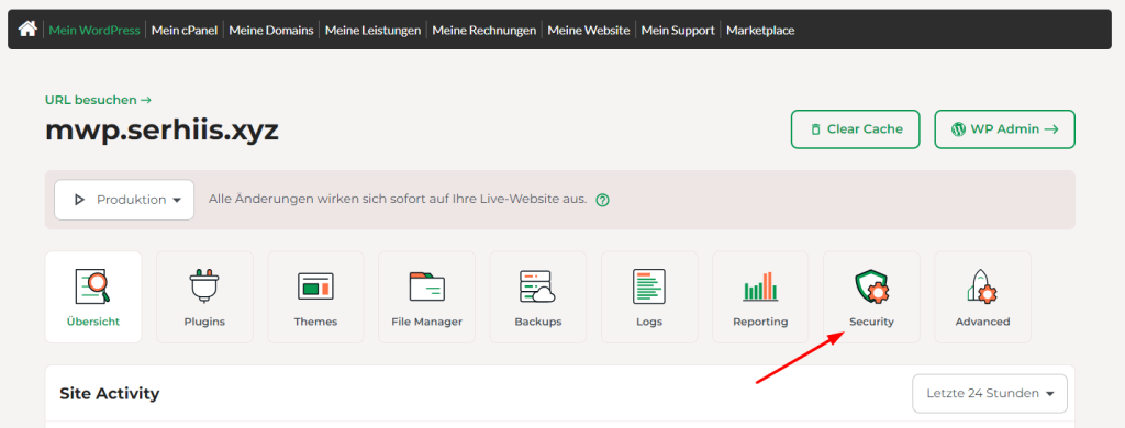 Dein Managed WordPress-Dashboard wird geöffnet. Klicke auf den Tab Security.