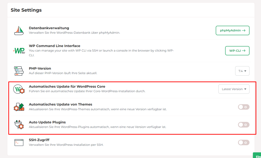 Die Funktion für automatische Updates von WordPress-Versionen enthält drei Optionen.