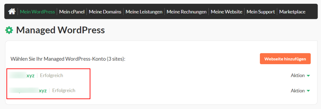 Wähle den Namen der Website aus, die Du verwalten willst.