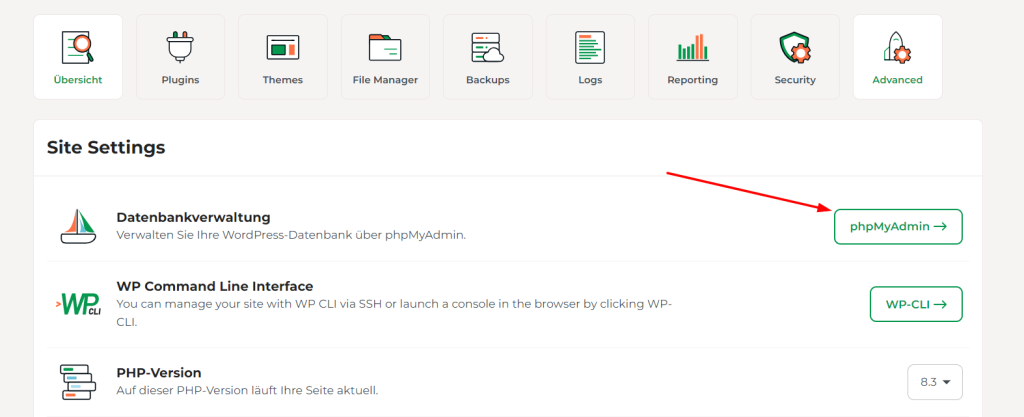 Unter Database Management klickst Du auf den Button phpMyAdmin.