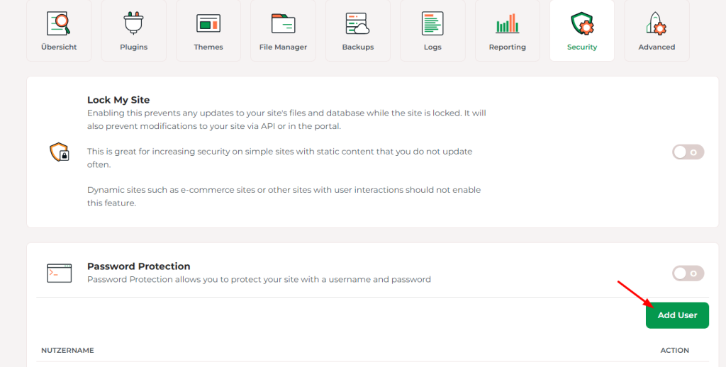Scrolle nach unten zum Bereich Password Protection und wähle Add User.