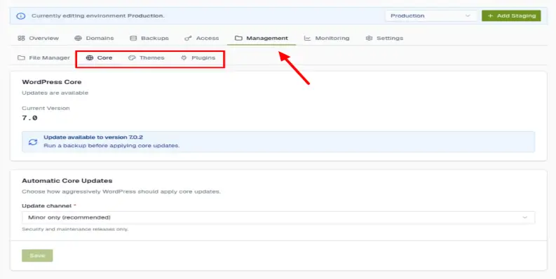 On the Management tab, open the Core sub-tab.