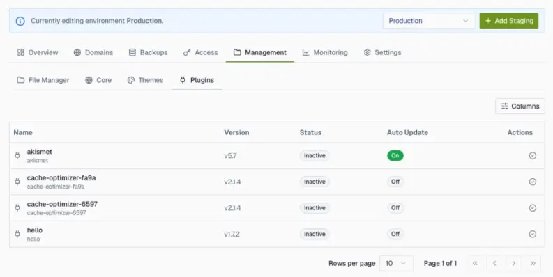 The Plugins sub-tab: One plugin has Auto Update switched On (green), another Off: