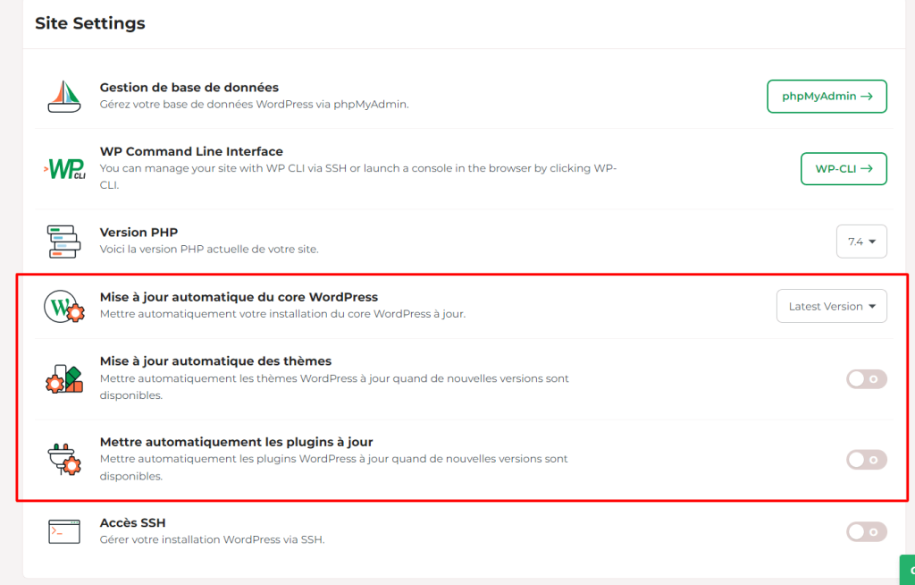 La fonctionnalité de Mise à jour automatique du noyau WordPress propose trois options