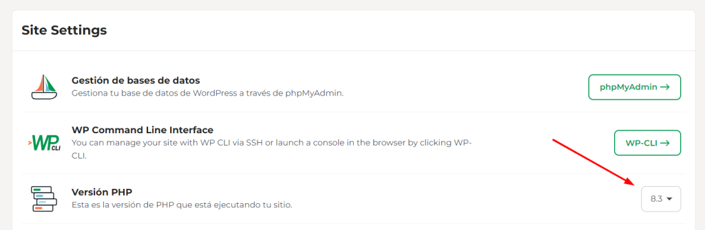 Selecciona la versión de PHP deseada del menú desplegable.