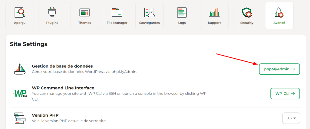 Sous Gestion de la base de données, cliquez sur le bouton phpMyAdmin.