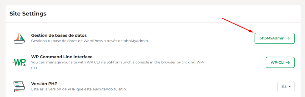 En Database Management, haz clic en el botón phpMyAdmin. Esto abrirá una página nueva para administrar la base de datos del sitio web.