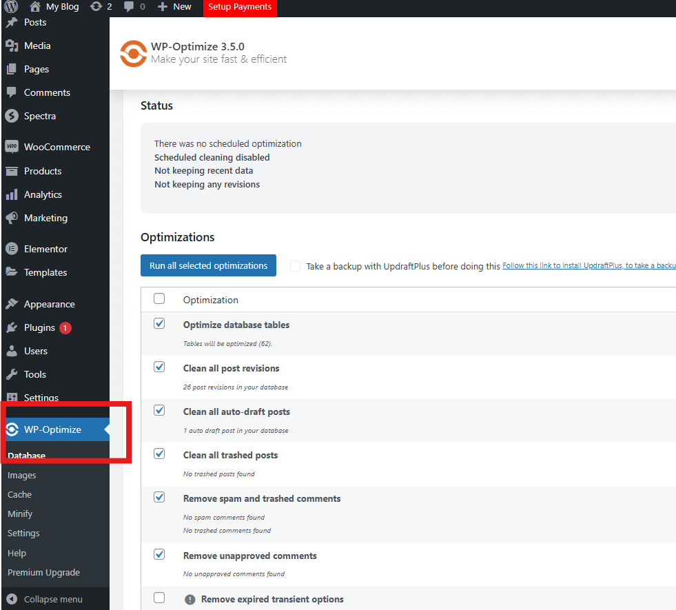 After WP-Optimize is activated, you can visit the plugin’s settings and check or select all the actions you would like the plugin to perform.