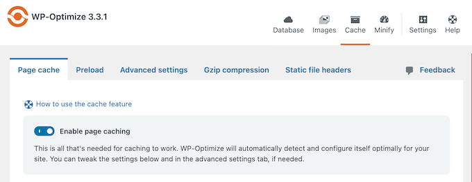 You can enable WP-Optimize’s caching by simply clicking a slider.