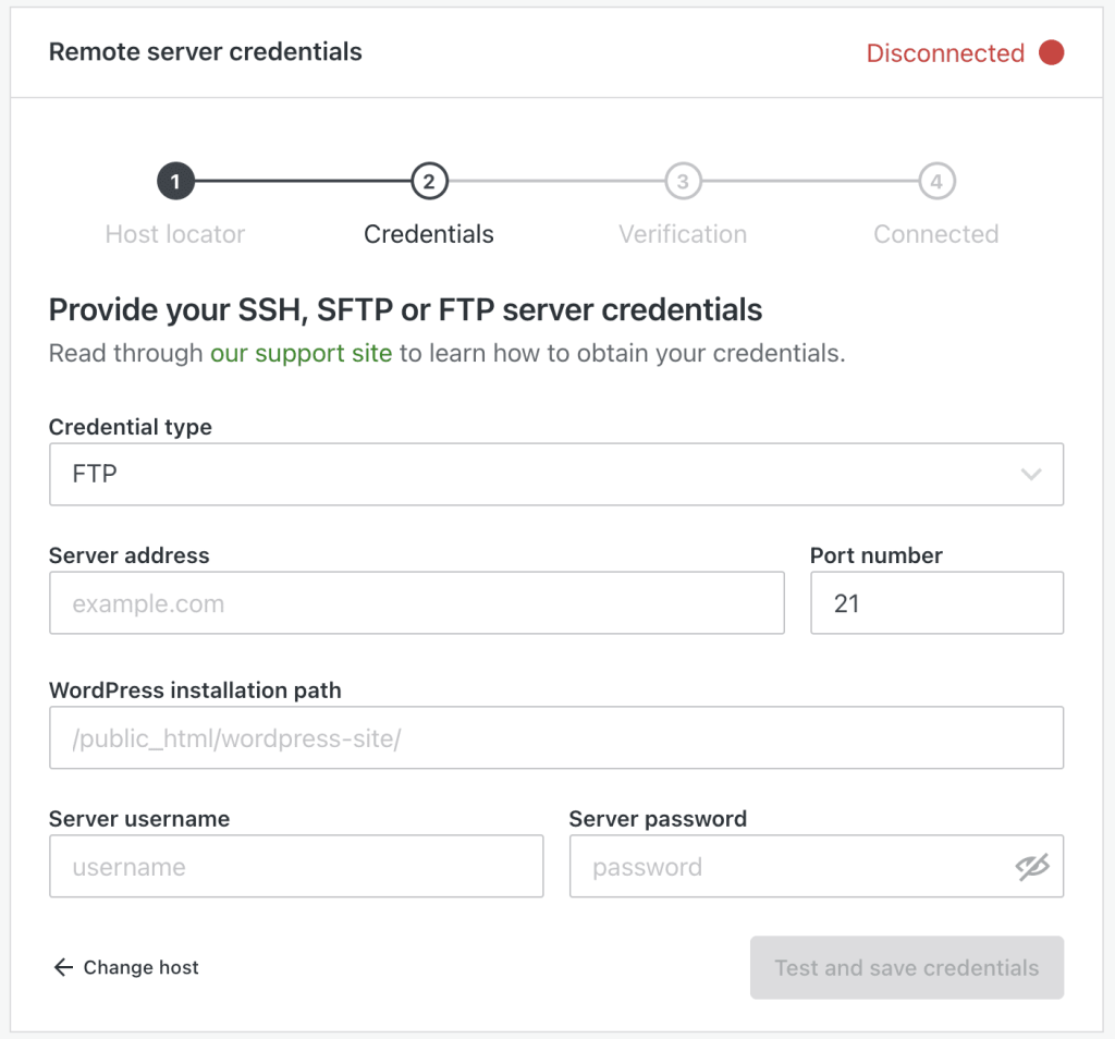 Click Test and save credentials. Once the site is connected, Jetpack will initiate your first backup.