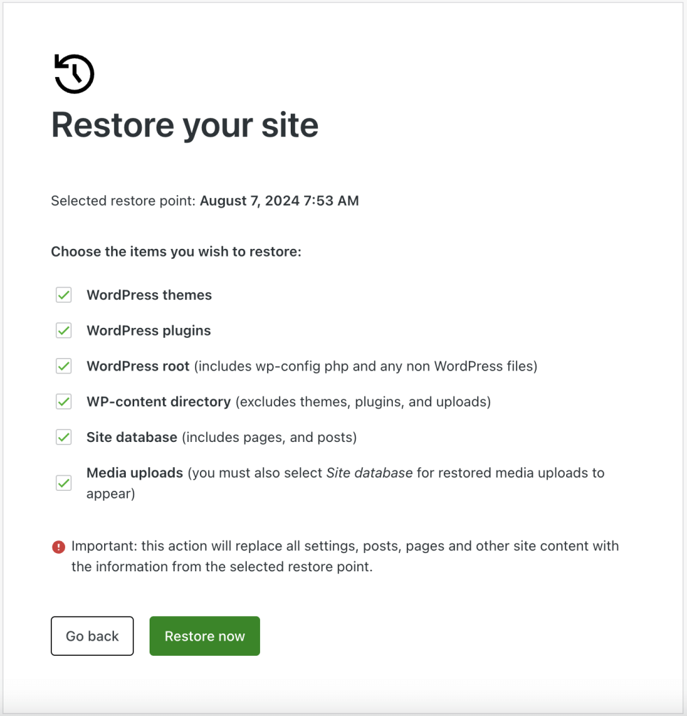 To restore everything, ensure all options are checked and click Confirm restore.