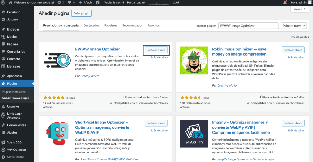 Dirígete a Plugins > Añadir nuevo, y escribe EWWW Image Optimizer en la barra de búsqueda.