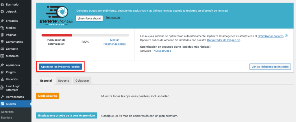 Haz clic en Optimizar las imágenes locales para iniciar el proceso de optimización.