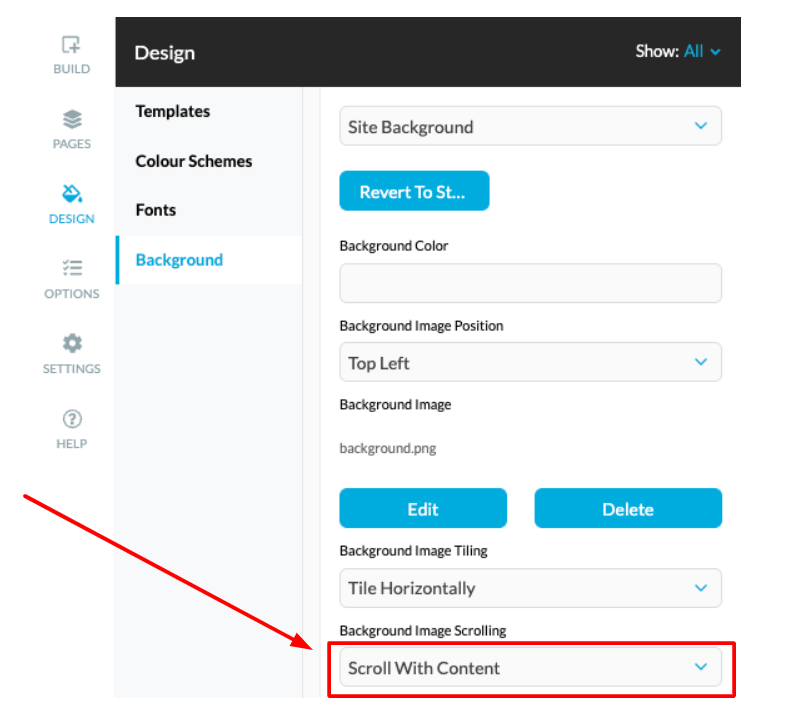 Scroll with Content: This option makes the background move alongside the content area.