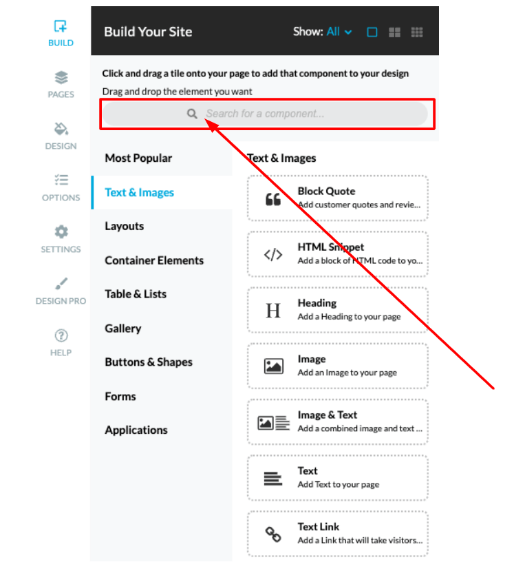 To save time, you can also use the search bar on the Build tab to quickly find the element that you need.