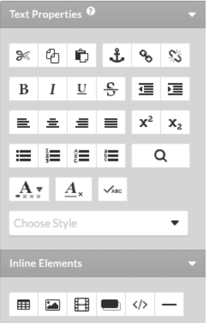 The Text Properties selection and the Inline Elements selection