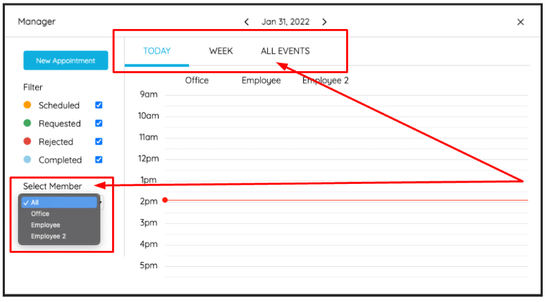 Via the drop-down menu on the left, you can sort your appointments.