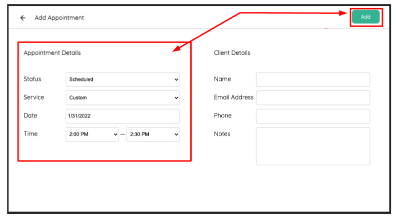 Fill out the appointment details before clicking Add.
