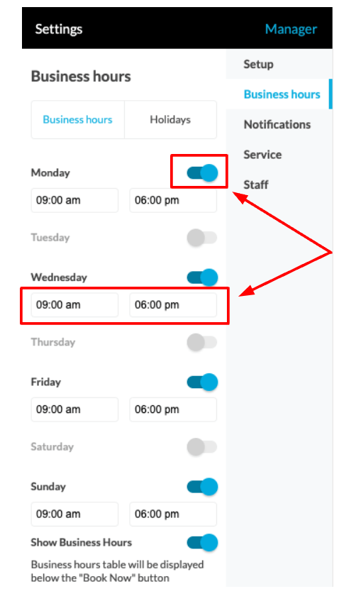 Enter the start and end times of each working day.