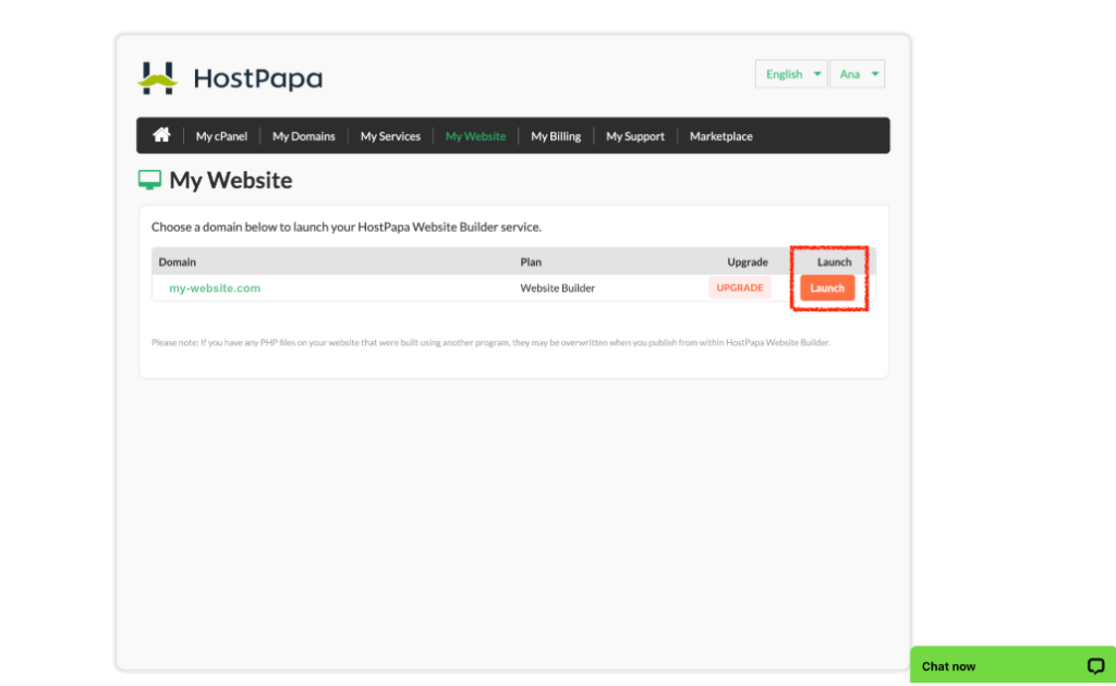 Click on the Launch button to open the Website Builder.