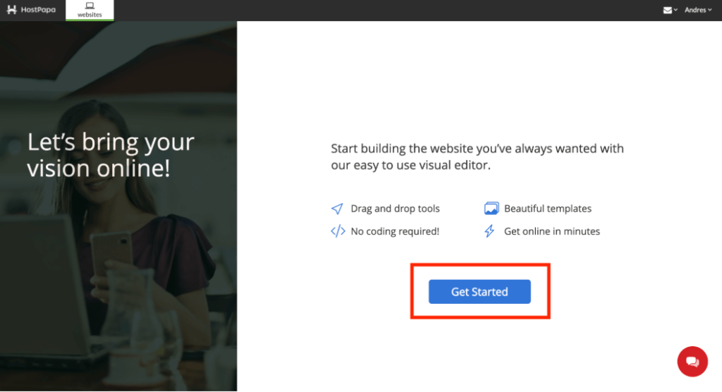 Click on Get Started to launch the Website Builder for your site.