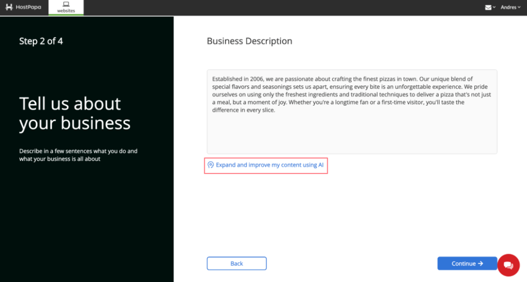 After completing your business description, click Continue to select your website layout.