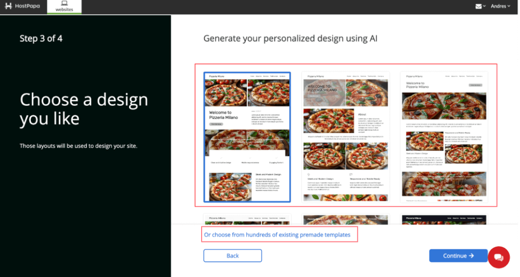 Click Continue to begin customizing your website.