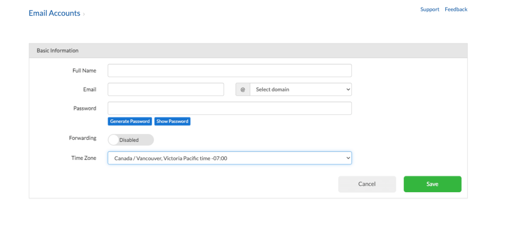 Fill in the required fields and click Save to create the new account.