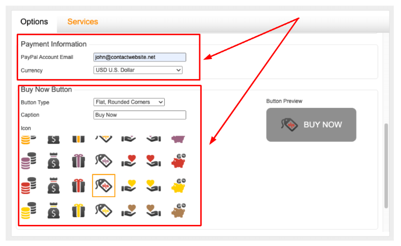 You can also create a customized Buy Now Button while on the Options tab.