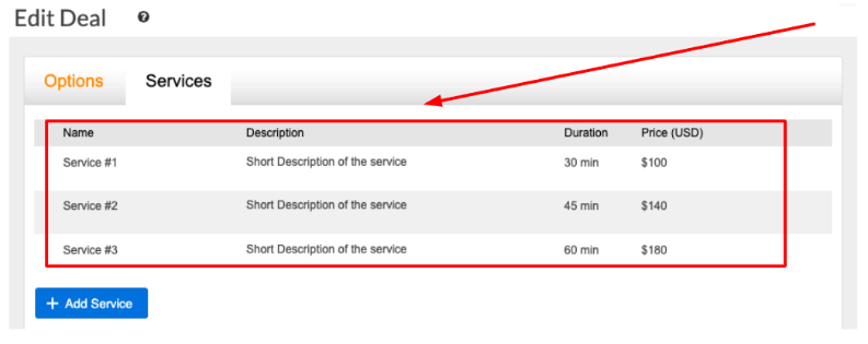 You can roll your mouse over an existing service to edit its properties or delete it.